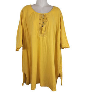 Catherines Women Tunic Top Size 1X Mustard Color Tassels Crinkle Texture Peasant